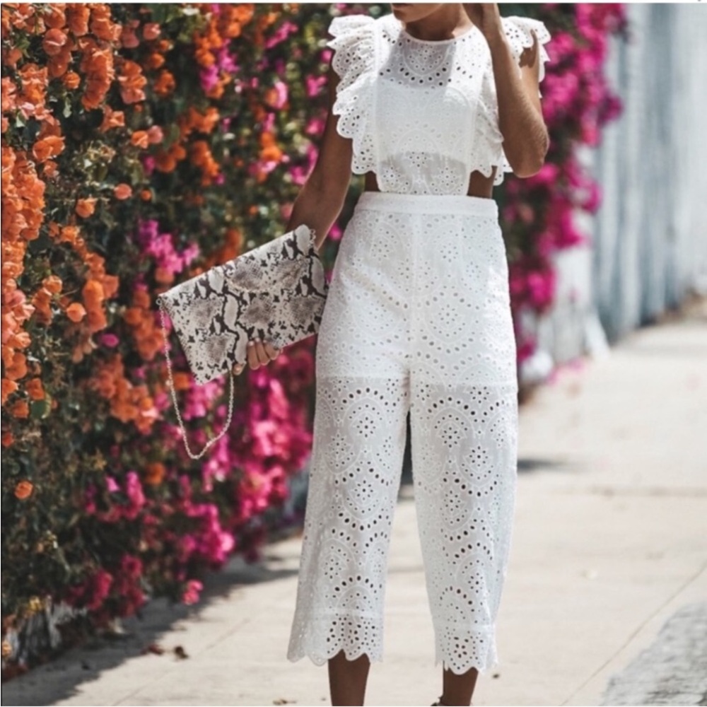 BLUE BLUSH EYELET JUMPSUIT CROPPED 100% COTTON WOMEN S WHITE WHIMSICAL GIRLY FUN